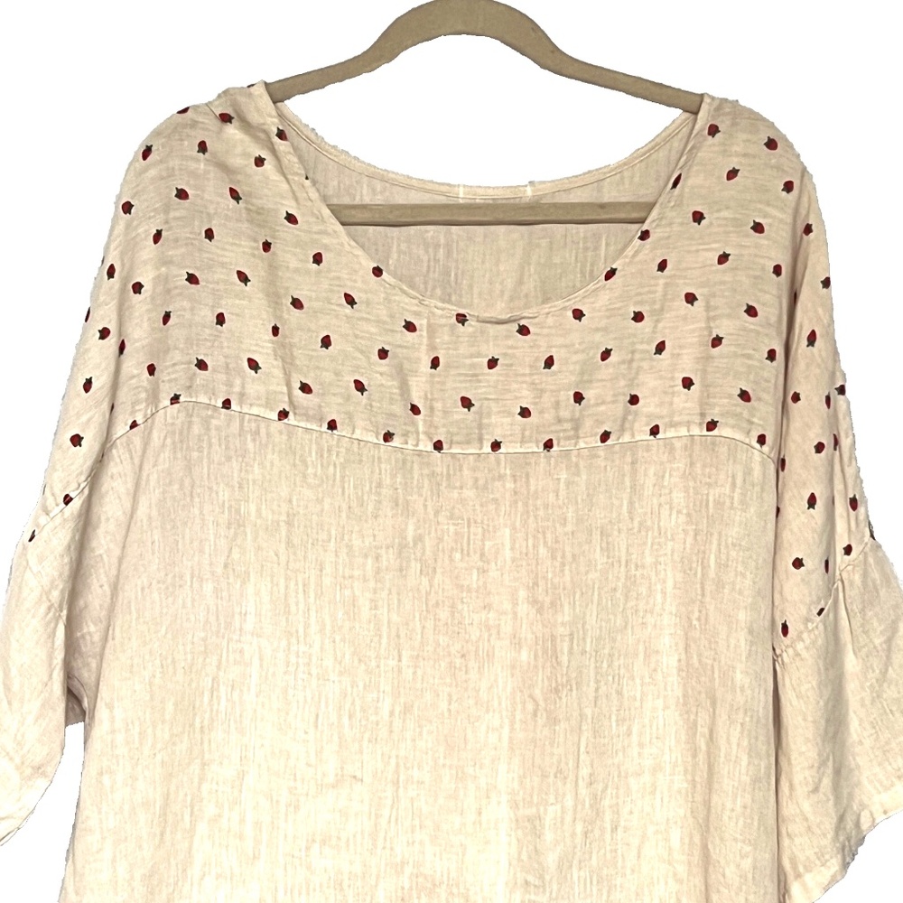Strawberry Yoke Pullover Dress Cream Red Midi Length Short Sleeves Size XL Shift - Picture 2 of 4